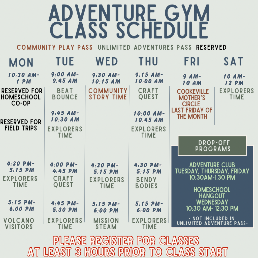 Adventure Gym’s inclusive, play based class schedule for little explorers in Cookeville, TN.